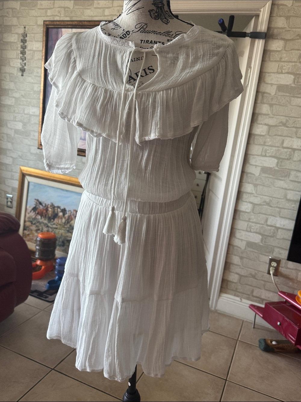 White Ruffle Tiered Boho Dress with Tie Neck